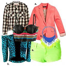 koszula River Island 125 pln, 2. top H&M 79,90 pln, 3. żakiet TRASH 500 pln, 4. marynarka RESERVED 129,99 pln, 5.naszyjnik ZARA 99, 90 pln, 6. szorty TOPSHOP 120 pln.