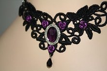 Gothic choker - black lace with purple roses and stone