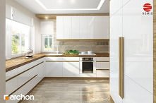 Biała kuchnia z drewnianym blatem. Rzut 1