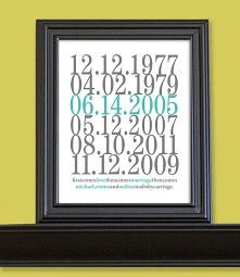 First comes love, then comes marriage....this modern, subway art style piece uses important dates in your family. The top 2 dates represent the couples' birthdays, the midd...
