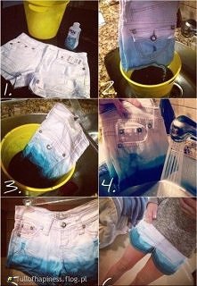 Jak widzicie potrzebne będą 2 barwniki do tkanin jeden jaśniejszy, a drugi ciemniejszy . Potem wykonujemy wszystko co w instrukcji. Moczymy w jaśniejszym barwniku spodenki przyn...