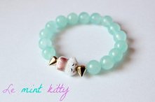 Piękne szklane koraliki w kolorze miętowym, ceramiczny kotek i ćwieki <3