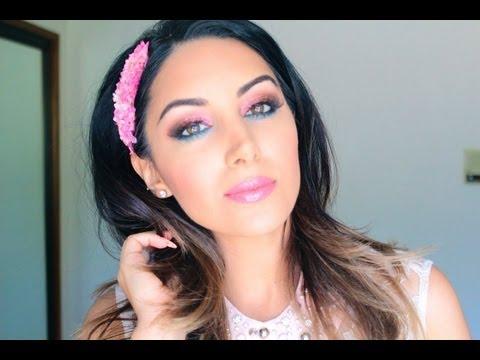 Spring 2013 Makeup Tutorial ♡ Bright Glittered Pink &amp; Pop of Blue Eyes