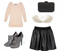 Reserved: Sweter – 99,99 zł; Spódnica –79,99 zł; Kołnierzyk –59,99 zł; Buty – 199,99 zł; Torebka – 69,99 zł