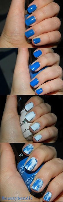 1) Paint your nails with a blue color. 2) Apply another coat of the blue. This will help to not get to your bare nail as fast. 3) Apply a white color on top of the blue. I used ...
