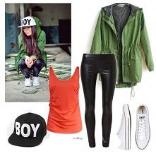 tenisówki zmieniłabym na te wysokie, na koturnie i czapka biała, jak na zdjęc...