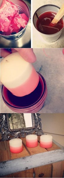 DIY świeczki ombre:

potrzebujesz:
-białej świeczki
-wosk
-kredki do zabarwienia białego wosku
-puszka lub słoik
-coś drewnianego do mieszania

1.kawałki kredek zmieszaj w puszc...