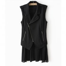Cool Chiffon Back Asymmetric Splicing Slim Long Zipper Vest for Women
