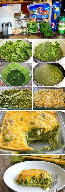 .zapiekany makaron z sosem szpinakowym.