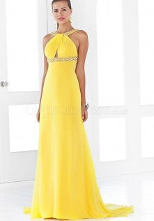 Yellow Chiffon A-line Jewel Neck Beaded Empire Prom Dress