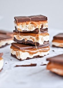 Warstwa czekoladowa: 1 i 1/4 szklanki posiekanej mlecznej czekolady, 1/4 szklanki masła orzechowego

Czekoladę i masło rozpuść w małym rondelku. Prostokątną formę do pieczenia o...