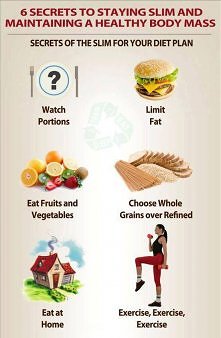 6 sekretów ;)

- uważaj na porcje !
- nie przesadzaj z tłuszczami (najlepiej zastąp je tymi 'zdrowymi'!)
- jedz owoce i warzywa <3
- wybieraj produkty pełnoziarnist...