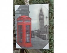 Obrazek na ścianę w 3D przedstawiający najsłynniejszy zegar na świecie Londyński Big Ben i jeden z kolejnych symboli Londynu - charakterystyczną czerwoną budkę telefoniczną.