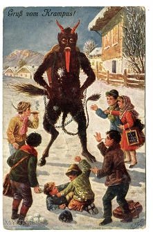 Krampus - diabeł na starej pocztówce