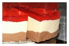 skladniki:

1 szklanka cukru
6 zoltek
1 maslo 250g
3 serki homogenizowane po 200 g
3 lyzki zelatyny
1 szklanka mleka
1 lyzka kakao
2 galaretki o ulubionym smaku

﻿wykonanie:
Zel...