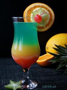 SIX CYCLE

Składniki:
* 90 ml białego rumu
* 40 ml likieru maraschino
* 150 ml soku pomarańczowego
* ok. 1 łyżka grenadiny
* 20 ml likieru Blue Curacao
* 150 ml wina musującego/...