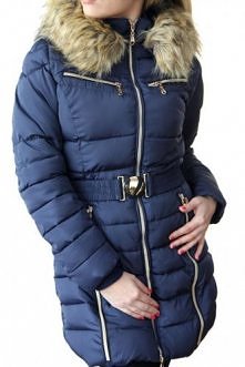 S-WEST - Płaszcz Granatowy Pikowany z Futrem