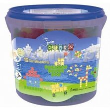 Klocki Clics Junior Wiaderko 158 Elementów. Zestaw Clics Junior zawiera 120 klocków plus 38 innych elementów takich jak kółeczka, osie pojazdów, piramidki, naklejki