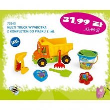 Zestaw Wader 70340 - Wywrotka Multitrack z Kompletem do Piasku dla Dzieci. W zestawie min. Wiaderko z sitkiem, łopatka, grabki, młynek do piasku, foremka