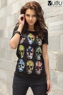 Czarny t-shirt w kolorowe c...