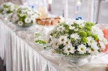 dekoracja stołu z margerytek i gipsówki