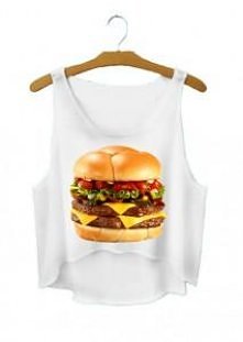 Fajna koszulka damska typu crop top- czyli krótkia koszulka przed pępek odkrywająca brzuch z napisami i nadrukiem/ nadrukami BURGER HAMBURGER ze zdjęciem/ z zabawnym nadrukiem j...