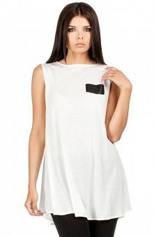 Moe MOE085 tunika ecru Gładka, zwiewna, prosta tunika bez rękawów z ozdobna kieszonka z ekologicznej skóry