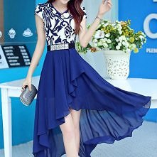 FASHION BLUE-WHITE PORCELAIN FLORAL PRINT V-NECK HIGH-LOW HEMLINE CHIFFON DRESS
