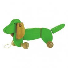Bajo 21110 - Drewniany Jamnik na Sznureczku dla dzieci od 18 miesięcy. Zabawka do pchania i ciągnięcia na kółeczkach. Piesek wprawiony w ruch merda wesoło ogonkiem oraz rusza us...