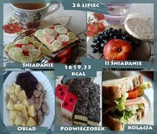 26 Lipiec:
Śniadanie: Kromka chleba żytniego owsianego Oskroba, 2 plasterki sera salami, pomidor, ogórek, herbata zielona z pigwą Big Active.
II Śniadanie: Nektarynka, garść bor...
