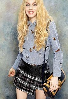 Preppy Long Sleeve Embroidery Cats Button Down Shirt Blouse