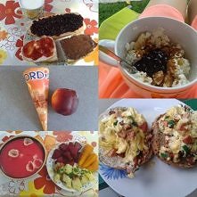 Śniadanie: bułka z masłem, dżemem wiśniowym, miodelką, szynką z indyka i keczupem oraz mleko
II śniadanie: rożek toffi i brzoskwinia
Obiad: zupa buraczkowa z makaronem, ziemniak...