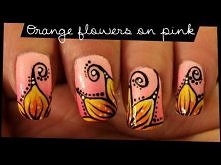 Orange Flowers on Pink nail...