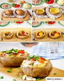 Składniki:

4 bardzo duże ziemniaki
4 jajka
4 plastrów sera żółtego
pół paczki sera feta
kilka plastrów gotowanej szynki
papryka (czerwona lub żółta)
cebula
2 ząbki czosnku
chil...