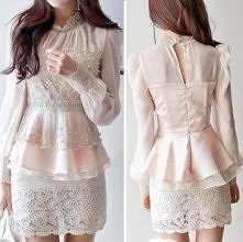Fashion Beads Flouncing Hemline See-through Long-sleeved Lace Shirt Tops
