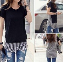 Fashion Oversize Strips Short Sleeve T-Shirt False Two-piece