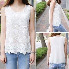 Fashion Round Neck Sleeveless Lace Chiffon Tops
