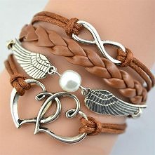 Two Hearts Wings Faux Pearl Braided String Charm Bracelet