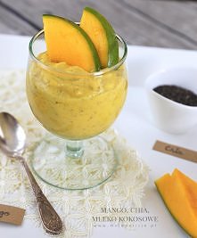 Pyszny deser, zdrowy i pożywny. Słodziutkie i dojrzałe mango zmiksowane z mlekiem kokosowym. Do tego łyżeczka nasion Chia, których popularność w Polsce rośnie z dnia na dzień. N...