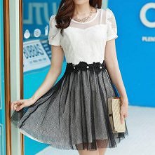 Fashion Embossing Gauze Chiffon Spliced Short Sleeve Dress