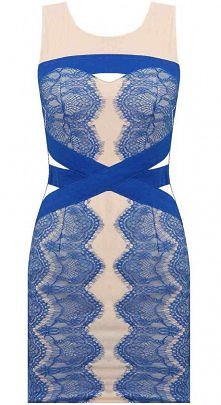 NIEBIESKA KORONKOWA SUKIENKA Z SIATECZKĄ NUDE