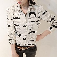 Mustache Print Loose Fit Chest Pocket Blouse Shirt Top