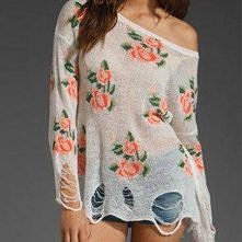 Unique Style Rose Print Frayed Knitwear