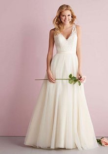 natural waist chapel train tulle,lace a-line v-neck wedding dress - wegdress.com
