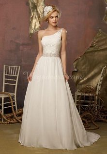 crystals chiffon sleeveless one shoulder long natural waist wedding dress - wegdress.com