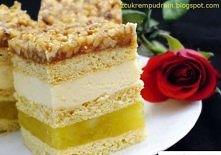 ciasto:
3 szklanki mąki pszennej
2 jaja
2 łyżeczki proszku do pieczenia
250 gramów stopionego, schłodzonego masła lub margaryny
¾ szklanki cukru
2 płaskie łyżki cukru wanilioweg...