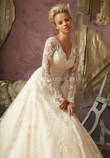 elegant tulle ball gown v-neck long sleeves with applique wedding dress - wegdress.com