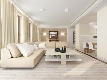 Projekt wnętrz salonu w stonowanych beżach i bielach – Tissu. Salon zaprojektowano w kolorach ziemi, który połączony został z otwartą kuchnią utrzymaną w bieli. Całość w jasnych...