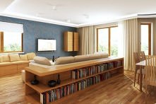 Projekt wnętrza salonu w domu, w ciepłych barwach – Tissu. Aranżacja salonu utrzymana jest w odcieniach brązów i beży z zastosowaniem naturalnych materiałów, z dodatkiem koloru ...