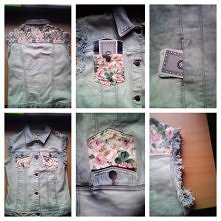 Unikatowa kamizelka jeansowa z kwiatowymi wstawkami/naszywkami na plecach i kieszeniach. Posiada ręcznie szarpane rękawy i 4 kieszenie. Rozmiar M Cena :50zł :)